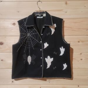 Vtg Passports Women’s Vest Top Halloween Black Ghost Spider Beaded Size 2X 24x25